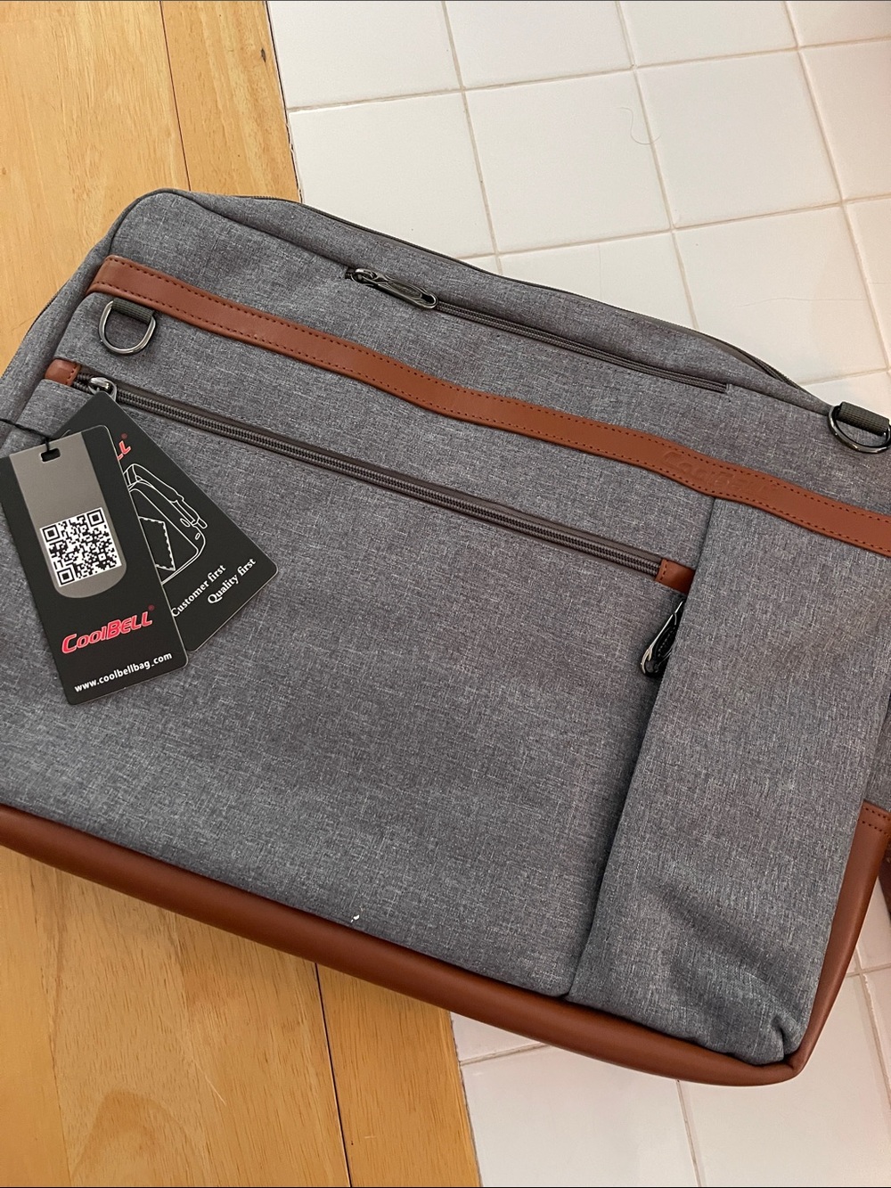 Gray Laptop Briefcase Backpack with Brown Trim